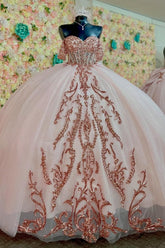 Pink Tulle Quinceanera Dress Off-Shoulder Sequined Ball Gown with Lace-Up Back & Big Bow Knot for Birthday Parties & Formal Evenings
